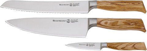Messermeister E/6000-3T, Oliva Elite Professional 3 Piece German 8 Inch Chef, 9 inch Bread, and 3.5 Inch Paring, Knife Set
