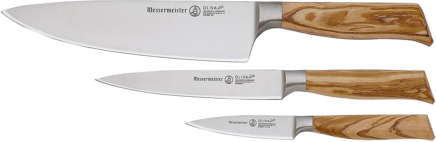Messermeister E/6000-3S, Oliva Elite Professional 3 Piece German 8 Inch Chef, 6 Inch Utility, and 3.5 Inch Paring, Knife Set