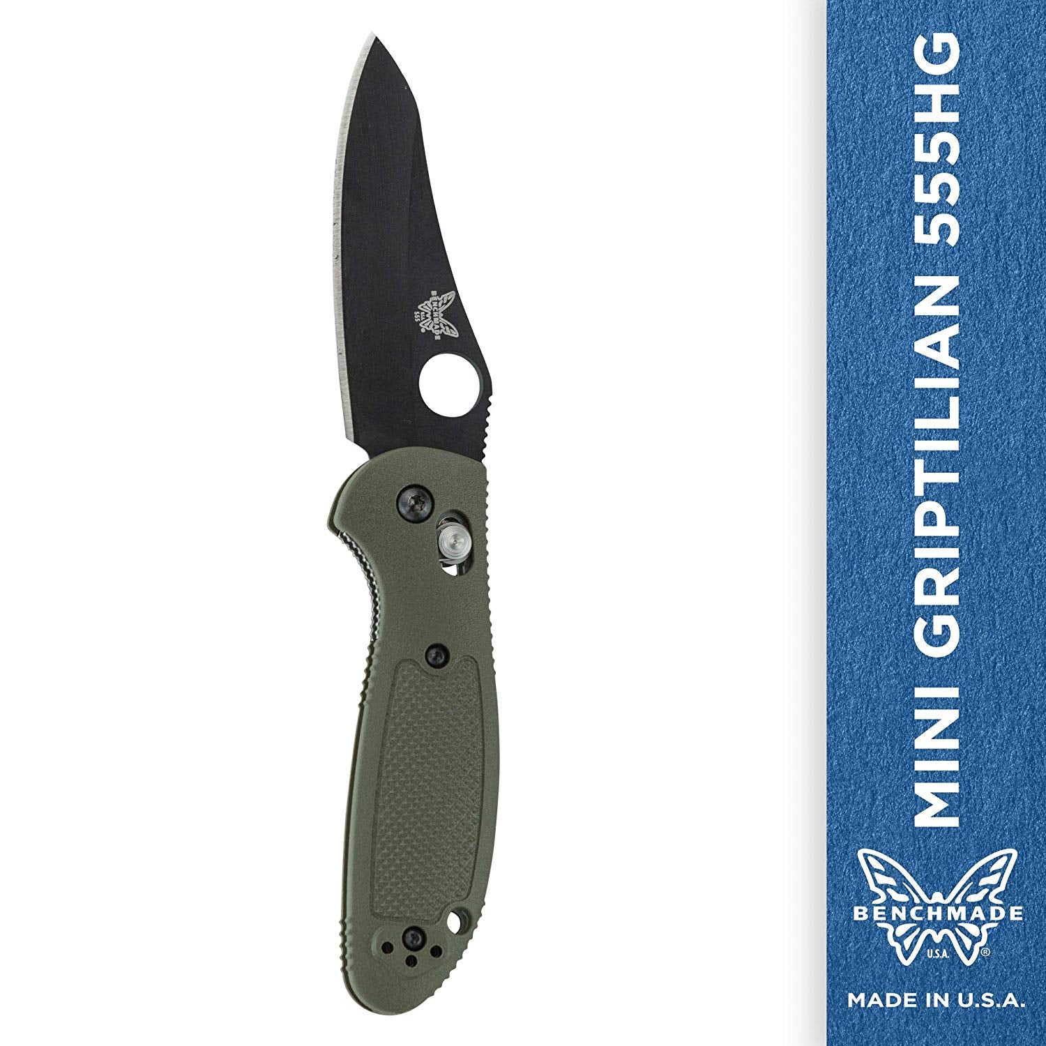 Benchmade Mini-Griptilian 555BKHGOD, Black Plain Hollow Ground, Olive