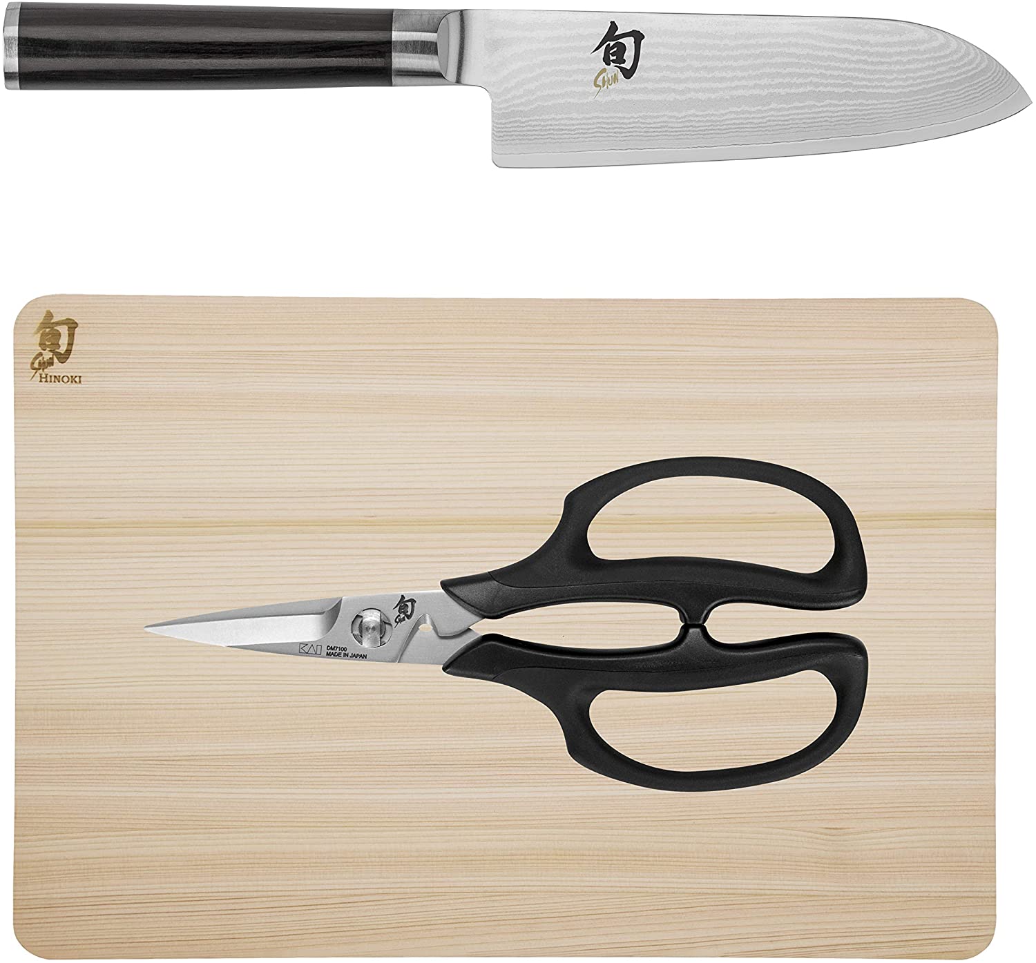 Shun Classic Set 5.5-inch Santoku Knife, Herb Shears, and Hinoki Cutting Board DMS0310
