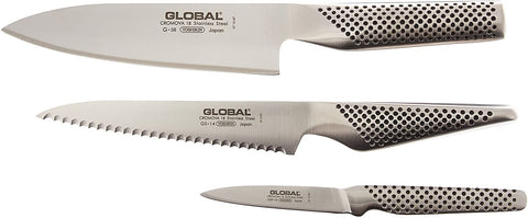 Global 3 Piece Set - 6" Chef's Knife, 6" Serrated Utility Knife, 3" Peeler